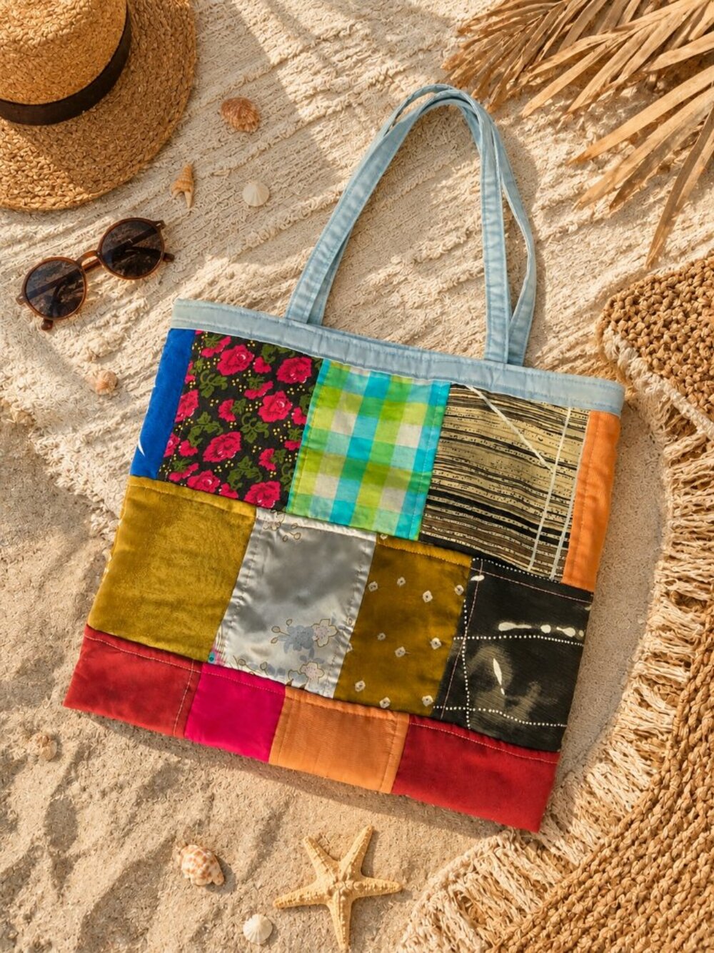 Boho Artisan Patchwork Quilted Tote Bag Mixed Textile